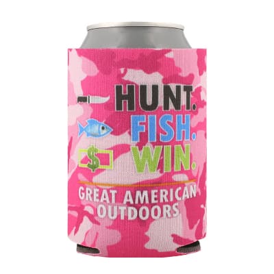 Foam pink camo can cooler with custom full-color imprint.