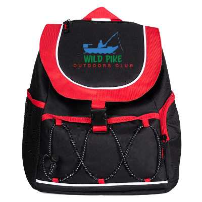 Red backpack cooler with full-color logo.