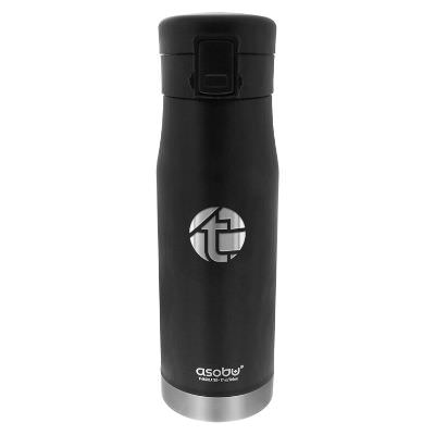 Black canteen with engraved logo.