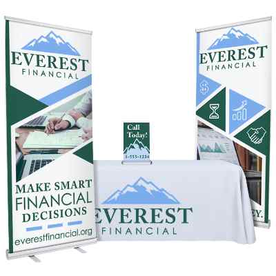 Custom polyester table cover, two 33.5 inch custom banner stands and 13 inch table top banner stand package.