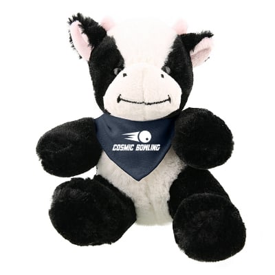 Plush and cotton cow with navy bandana with personalized logo.