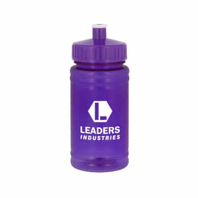 Upcycle plastic purple water bottle with push pull lid and custom branding in 16 ounces.