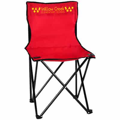 Armless red folding chair with logo.
