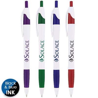 Imprinted white pen with colorful accents.