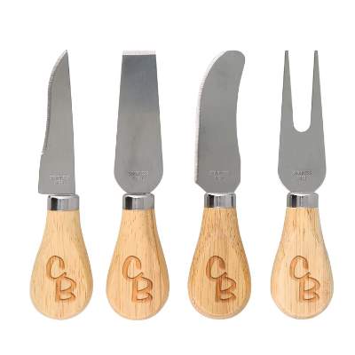 Stainless steel and natural beech wood cheese knife set with laser engraved logo.