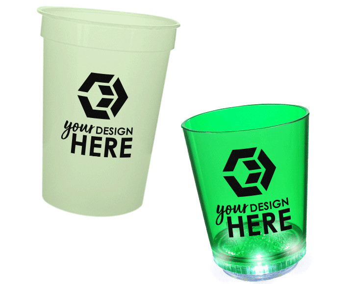  glow in the dark products glow in the dark cup with black imprint and green light up shot glass with white imprint