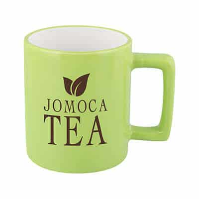 Ceramic lime green coffee mug with c-handle and custom branding in 11 ounces.
