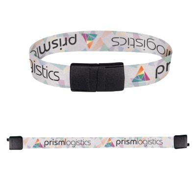 White elastic wristband with breakaway with a customized imprint.