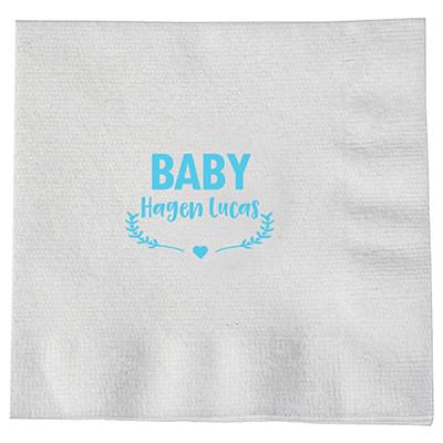 Heavyweight single ply tissue linen-like white dinner napkins with customized imprint.