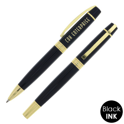 Black with gold pen set with custom engraved logo.