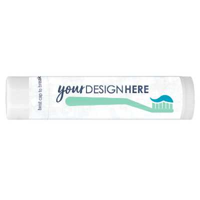 White and jade colored lip balm background with a customized logo.