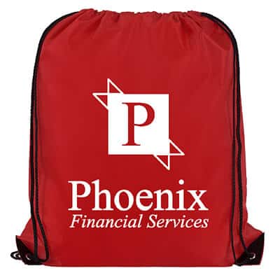 Polyester red drawstring bag with custom logo and reinforced corners.