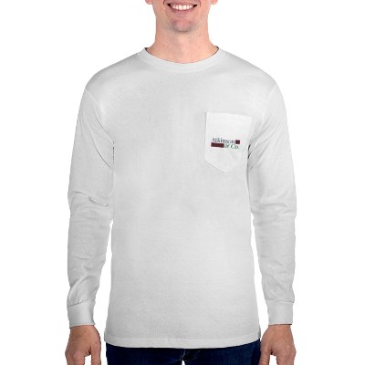 Full color personalization on white long sleeve pocket tee.