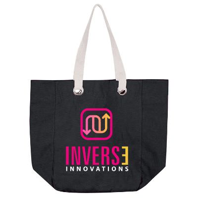 Cotton canvas black bold tote with imprinted full color logo.