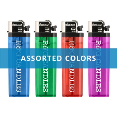 Assorted plastic lighters with a customized imprint.