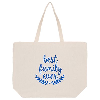 Natural cotton tote bag with customized design, 5-inch gussets and reinforced handles.