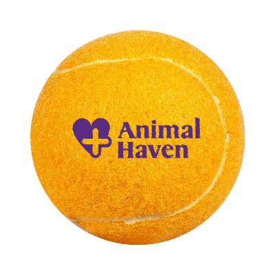 Orange pet friendly tennis ball with custom imprint.