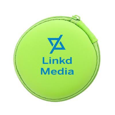 Plastic lime green Bluetooth earbuds and case with imprinting.