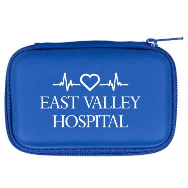 Plastic blue first aid kit with a custom imprint