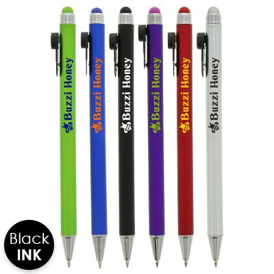 Colored pen with matching stylus and custom logo.