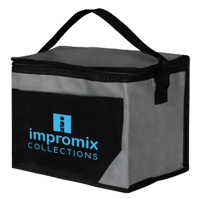 Gray polypropylene non-woven cooler bag with custom design.