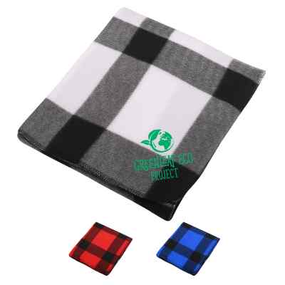 Black and white checkered fleece blanket with custom design.