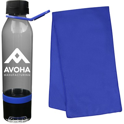 Plastic blue water bottle with custom print and phone holder in 15 ounces.