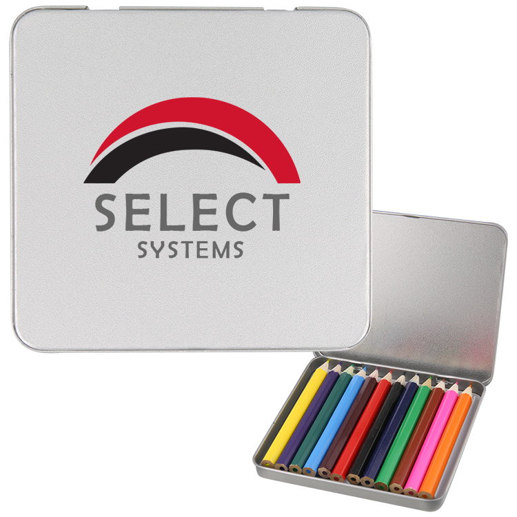 12 piece coloring tin with custom full color imprint.