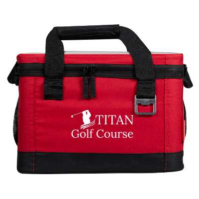 Red cooler with custom logo.