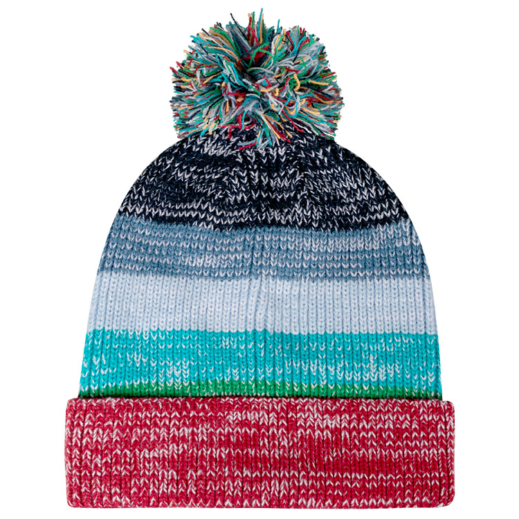Multicolored stripe beanie with rainbow thread pom and blank red cuff.