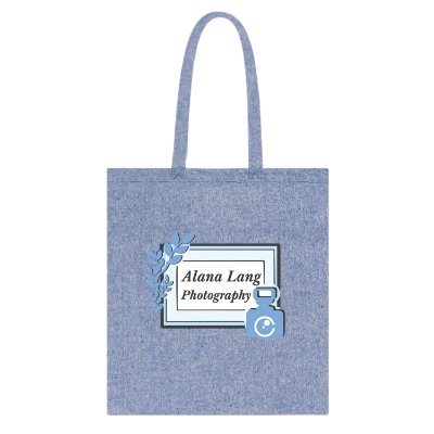 Blue recycled cotton twill tote bag with custom full-color logo.