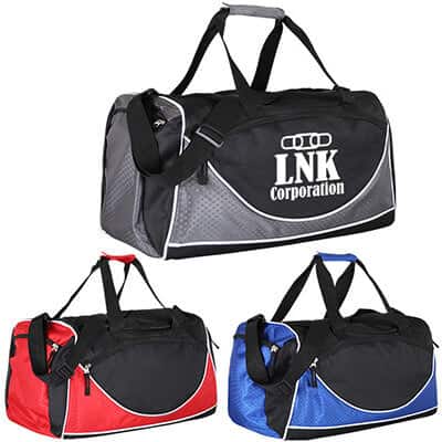 Polyester and ripstop black and gray worker duffel with imprinting.