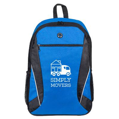 Blue backpack with custom logo.