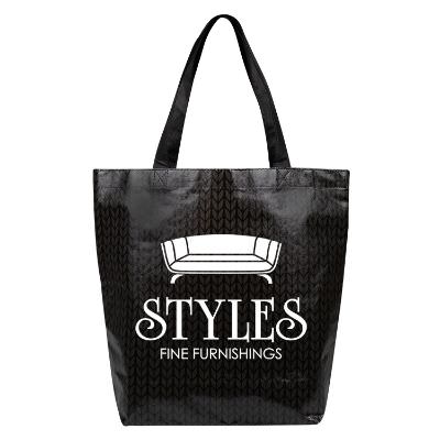 Laminated polypropylene black caprice tote with personalized imprint.