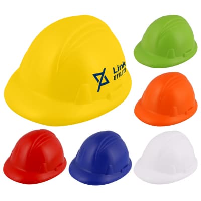 Foam yellow construction hat stress ball with logo.