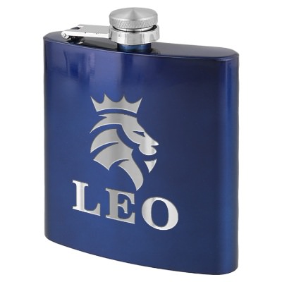 Navy blue flask with custom engraved imprint in 6 ounces.