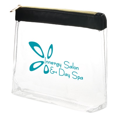 Plastic with satin trim black and clear cosmetic bag with printed logo.