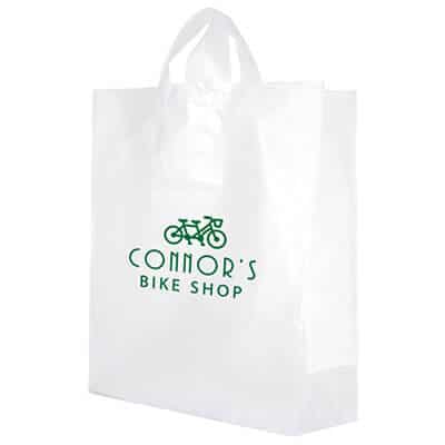Plastic frosted clear recyclable shopper bag with logo.