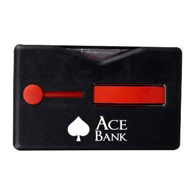 Red plastic phone wallet with a branded logo.