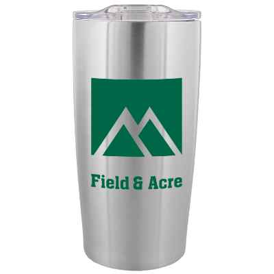 Stainless steel tumbler with custom imprint in 20 ounces.