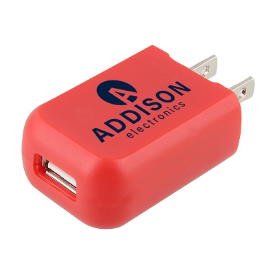 Plastic red USB outlet adapter with printed logo.