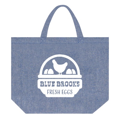 Blue recycled cotton grocery tote bag with custom logo.