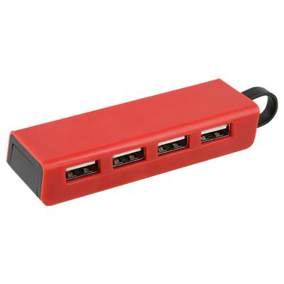 Plastic red USB hub with phone stand blank.