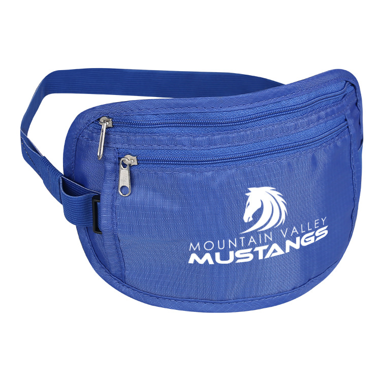 Personalized royal blue polyester zippered fanny pack.