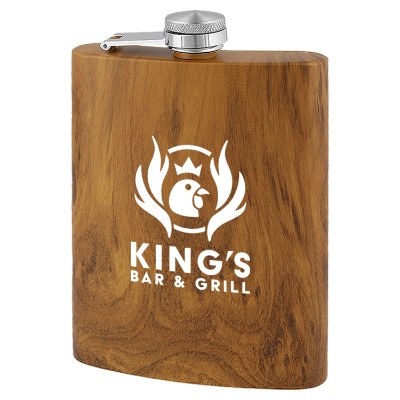 Wood tone flask with custom imprint in 8 ounces.