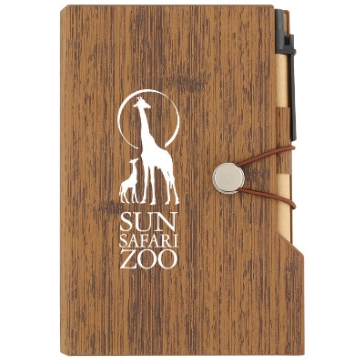 Polyurethane brown wood look notepad with printed logo.