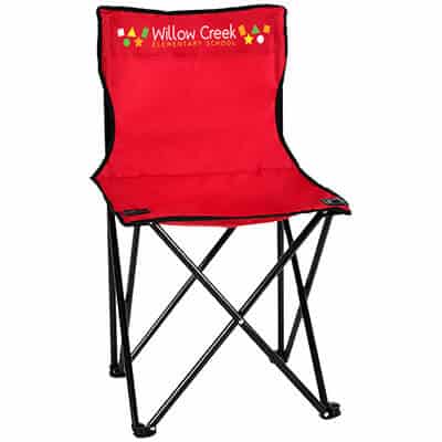 Armless red folding chair with full color logo.