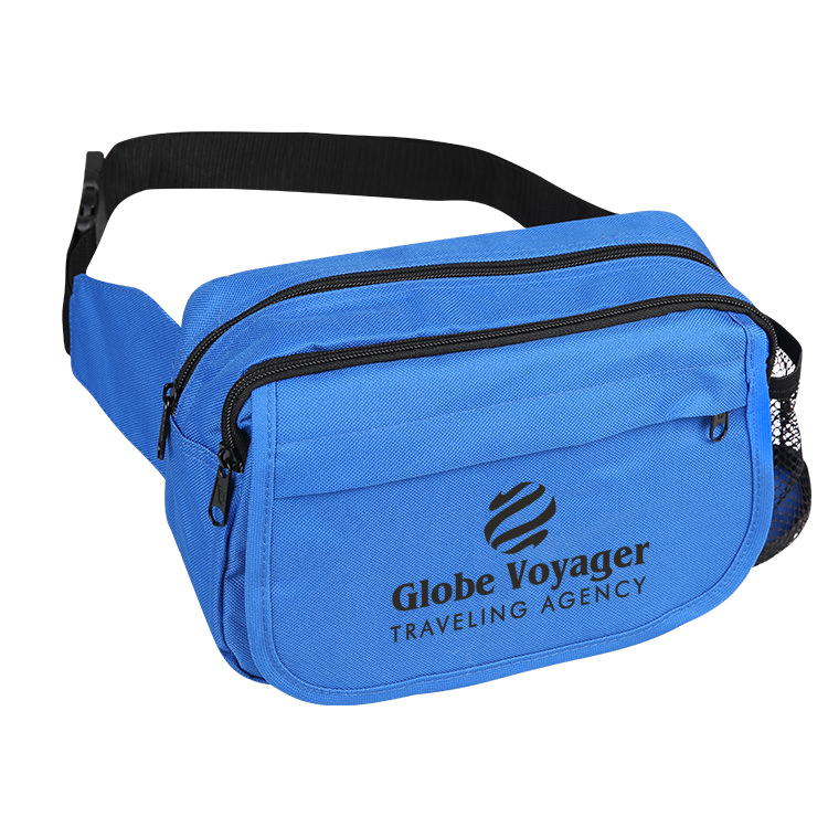 Royal blue polyester fanny pack with organizer pocket for marketing.