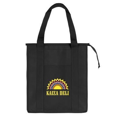 Polypropylene black cooler tote with full-color logo, 9-inch gussets and insulated lining.