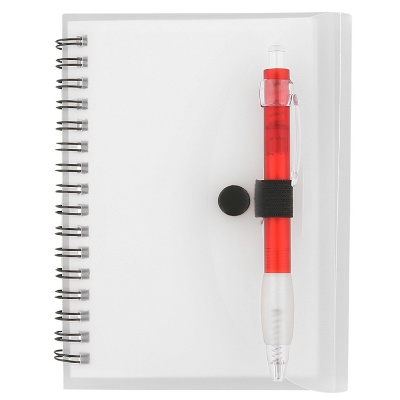 White and red notebook with pen.